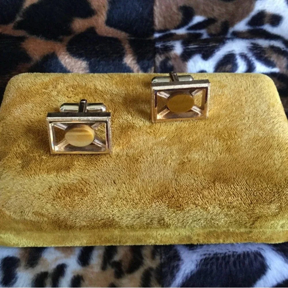 Vintage Genuine Gold-tone Tiger Eye Cuff Links